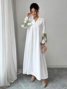 Yasmyna Women's Floral Lace Patchwork Long Sleeve Elegant Arabic Dress - White - View 4
