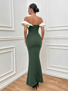 EURMUSE Two Tones Off Shoulder Ruffle Trim Bodycon Dress, Elegant Dress - Army Green - View 2