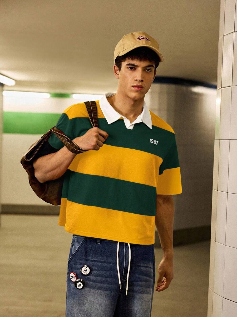 SWAVVY Men's Knitted Casual Daily Loose Short Sleeve Button-Up POLO Shirt - Yellow - View 1