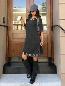 Muchica 女士休闲黑色镂空宽松落肩连衣裙 - 黑色 - 查看 4