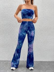 SHEIN EZwear 女士扎染抹胸上衣和喇叭裤两件套，春夏款 - 寶藍色 - 查看 3