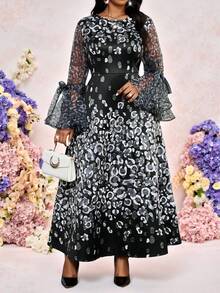 Fleurora Plus Size Elegant Black Leopard Print Round Neck A Line Dress,Flare Sleeve Waist Cinched Autumn Formal Traditional Evening Wedding Guest Midi Dress - Black and White - View 9