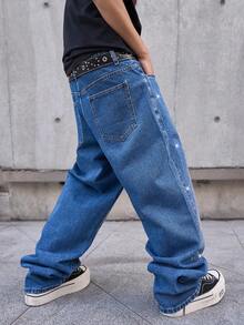 Manfinity EMRG Jeans holgados con bolsillos en diagonal y decoración de rhinestones, para uso casual diario de hombres - Azul - Ver 2