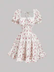 MOD Vestido corto con estampado floral vintage, mangas abullonadas y lazo - Casual, lindo y dulce; perfecto para vacaciones, citas, picnics, fiestas, bailes de graduación, festivales y uso en cumpleaños; romántico y adorable - Multicolor - Ver 5
