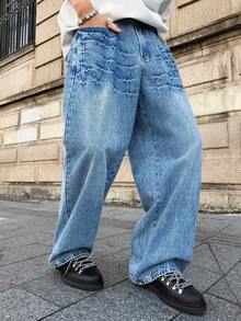 Manfinity EMRG Men's Casual Everyday Washed Slant Pocket Loose Fit Jeans - Light Wash - View 3