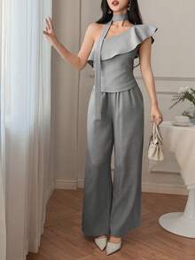 DAZY Women's Light Grey Summer Elegant Party 2 Pieces Set,Oblique Shoulder Grey Top And Straight Pants Outfit,Graceful Commuter Old Money Style Work Suit - Grey - View 4