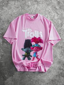 SHEIN Trolls Men's Casual Letter & Cartoon Graphic Round Neck Short Sleeve T-Shirt, Summer - Pink - View 1