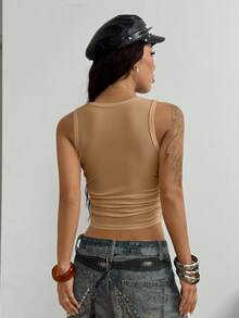 StreetHx 女士夏季街头水钻褶皱修身圆领吊带背心 - 棕色 - 查看 2