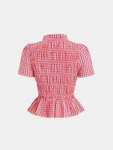 Sweetra Women's Plaid Tie-Waist Short Sleeve Shirt, Spring/Summer - Red - View 2