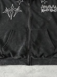 ROMWE MEN Men's Casual Fashionable Street Hooded Sweatshirt With Cross, Star, Letter, Flame Print, Zip-Up, Suitable For Daily Commute, Spring/Autumn - Black - View 3