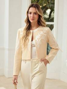 MOTF PREMIUM WOMEN'S EMBROIDERY ROUND NECK SHORT JACKET - Apricot - View 1