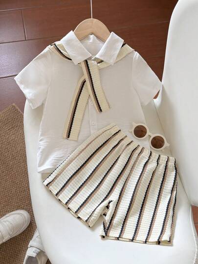 2pcs/Set Toddler Boys' Polo Collar Short Sleeve Button-Up Shirt + Knitted Striped Shorts With Detachable Cape, Casual Spring/Summer