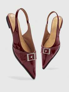 CUCCOO BIZCHIC Pointed Toe Patent Leather Mule Shoes, Suitable For Commuting And French Chic Style, Featuring Metal Buckle Accent For Luxe Touch - Burgundy - View 10