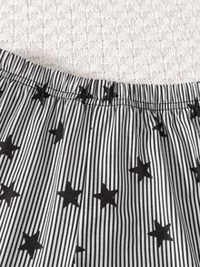 2件套男童韩版宽松插肩袖黑色T恤和可爱星条纹直筒裤睡衣套装 - 寶藍色 - 查看 6