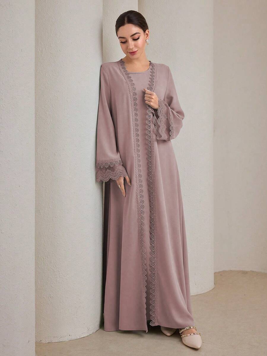 Graceveil 2pcs Women Traditional Long Dress & Abaya Coat Set Modest - Pink - View 1