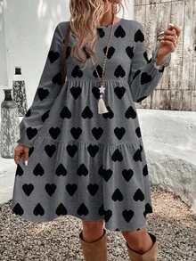 EMERY ROSE Đầm dáng rộng cổ tròn, họa tiết hoa nhí tối giản, cỡ lớn, thích hợp cho mùa thu/đông. - Xám - Xem 3