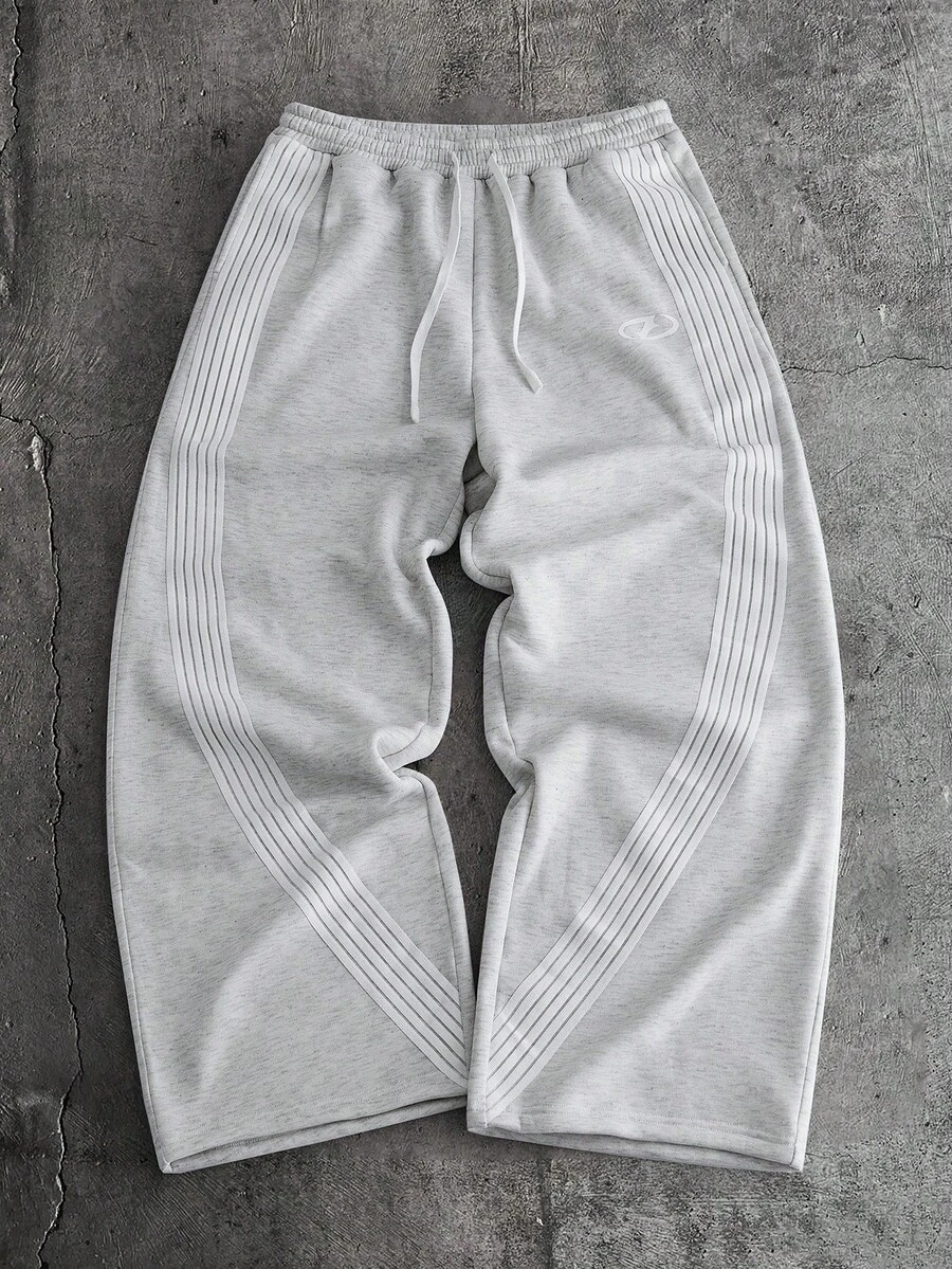 AXEPEAK 男士条纹抽绳腰阔腿宽松休闲运动裤 - 淺灰色 - 查看 1