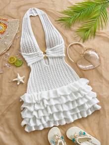 Soleia Women's Sexy Backless Halter Neck Ruffle Hem Mini Knit Dress, Summer - White - View 1