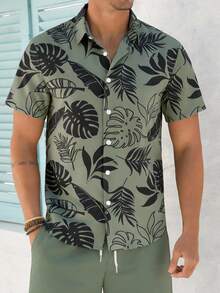 VIVINTIMO Men's Tropical Plant Leaf Print Vacation Style Shirt Set