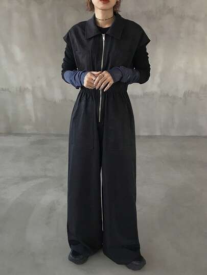 FRIFUL Women's Utility Style Metal Zipper Decor Loose Wide Leg Jumpsuit, Suitable From Spring To Summer Romper