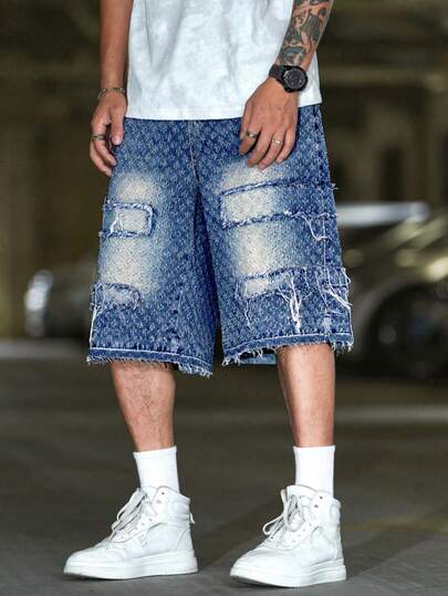 Manfinity Roughcore Men's Summer Streetwear Fashion Street Frayed Hem Loose Wide Leg Denim Shorts