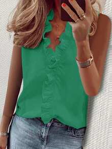 EMERY ROSE Women's Solid Color Frill Trim V-Neck Sleeveless Casual Shirt - Green - View 6