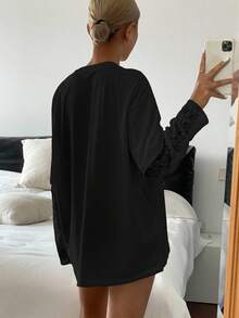 DAZY Áo thun nữ họa tiết ren tương phản, dáng rộng, thường ngày mùa hè - màu đen - Xem 2