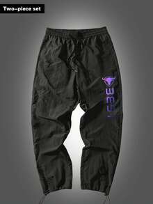 Manfinity Sport Corelite 男士牛头印花插肩短袖T恤和抽绳腰带运动裤套装 - 黑色 - 查看 5