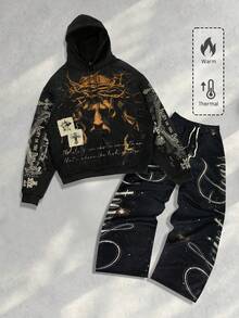 ROMWE MEN Street Life 男士连帽卫衣和裤子两件套，秋冬 - 黑色 - 查看 7