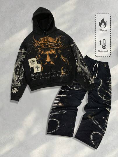 Street Life 2 pezzi Set di felpa con cappuccio e pantaloni da uomo, autunno/inverno