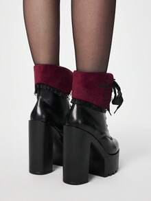 ROMWE Giày bốt nữ phong cách Punk Y2K đế dày cao gót cổ thấp, kiểu Gothic thu đông cá tính đường phố, khóa cài hình dơi, mũi tròn, kiểu bốt mô tô, thoải mái, buộc dây, khóa kéo bên hông, cao gót dự tiệc cho nữ, thích hợp cho ngày Valentine. - màu đen - Xem 5