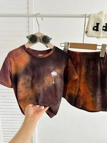 SHEIN 男童扎染短袖T恤和短裤套装 - 綠色 - 查看 6