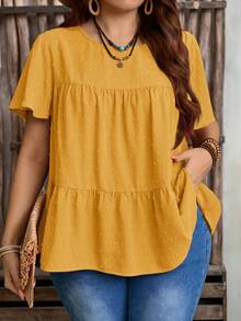 Rusticease Plus Size Women's Solid Color Round Neck Ruffle Short Sleeve Loose Blouse,Boho,Western Wear Women,Vacation, Summer Tops - Yellow - View 3