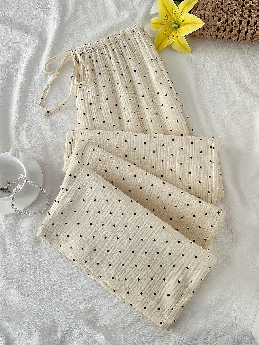 Elamini Women's Casual Loose Fit Yellow Polka Dot Print Straight Leg Pants, Low Waist, Organic Cotton, Summer - Apricot - View 1