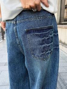 Manfinity EMRG 男士休闲日常水洗斜插口袋宽松牛仔裤 - 中等水洗藍 - 查看 8