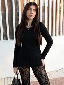 Hitanina 女士高腰喇叭蕾丝针织度假裤 - 黑色 - 查看 4