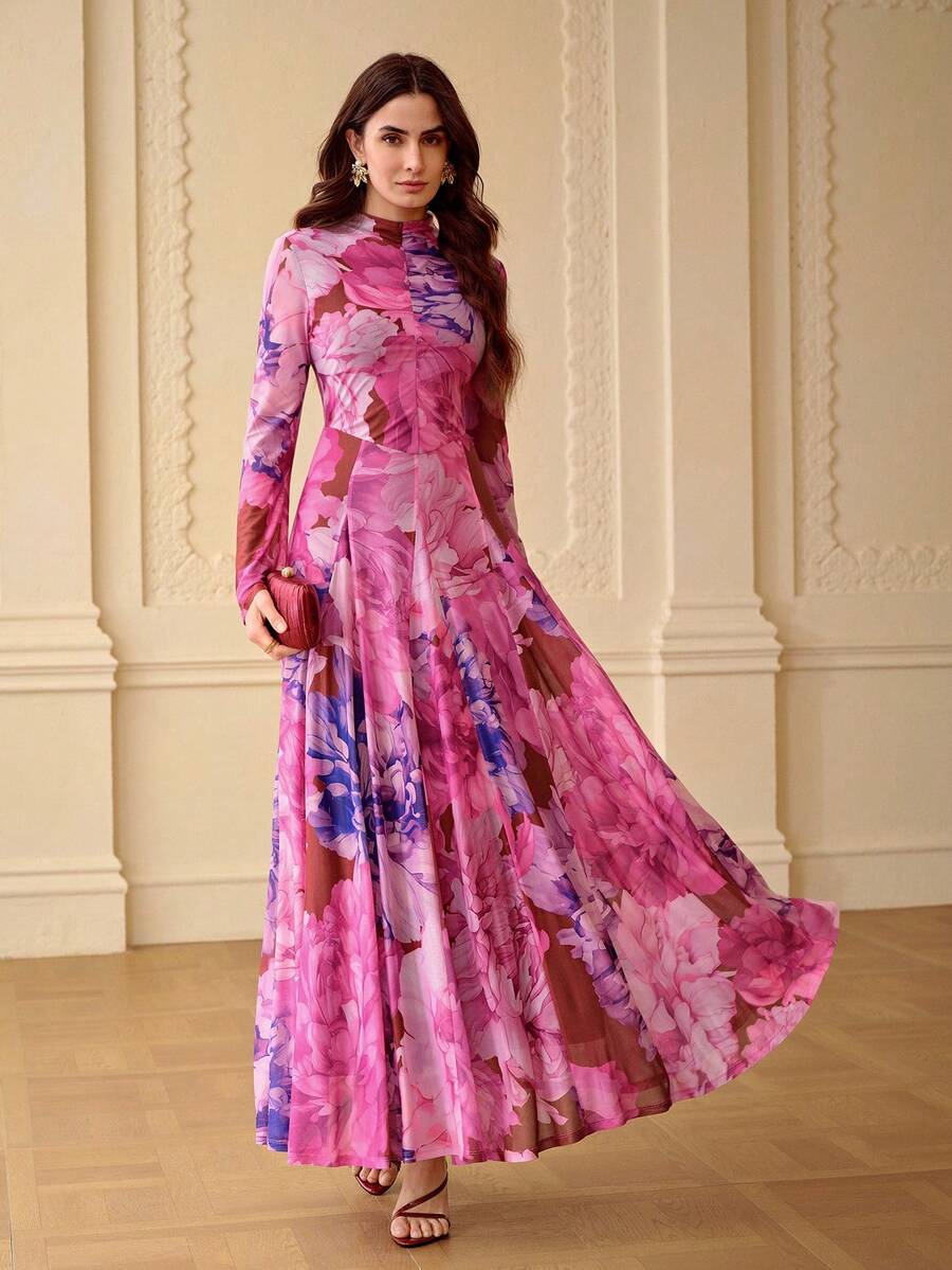 ZEYLAH Đầm dài tay dáng chữ A ôm sát người, in họa tiết hoa thanh lịch, thích hợp cho mùa xuân/hè. - Màu tím - Xem 1