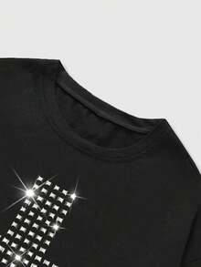 ROMWE MEN 男士休闲宽松黑色T恤，饰有十字铆钉图案，适合日常穿着和通勤，夏季款 - 黑色 - 查看 4