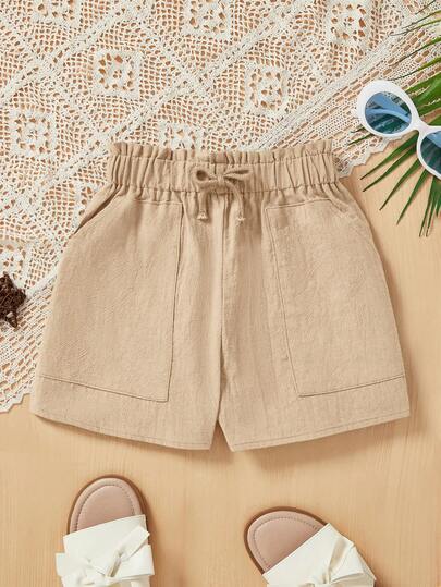 SHEIN Shorts de verano para niñas preadolescentes de unicolor con cintura elástica, bolsillo y lazo con volantes