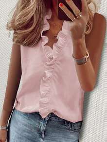 EMERY ROSE Women's Solid Color Frill Trim V-Neck Sleeveless Casual Blouse - Pink - View 5