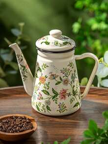 1pc Enamel Water Bottle, Painted Flower Bottle, 1.2-Liter Large-Capacity Water Bottle, Coffee Pot, Narrow-Mouthed Oil Pot, Boiling Pot, Household Boiling Pot, Teapot, - Enamel Teapot - View 3