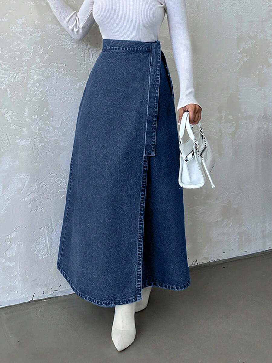 Women's Casual A-Line Denim Skirt For Everyday Wear, Autumn - Dusty Blue - View 1
