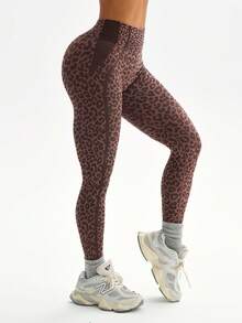 Dewbera 1件装女士无缝性感豹纹侧条纹健身运动跑步瑜伽紧身裤 - 咖啡棕 - 查看 3