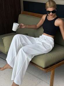 Livesso Women's Lace-Up White Pocket Casual Solid Color Pants - White - View 6