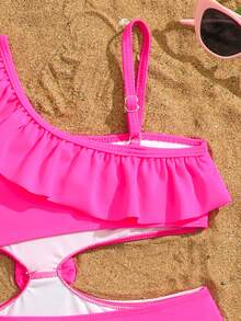SHEIN 少女撞色荷叶边镂空连体泳衣，夏季海滩度假 - 粉色 - 查看 6