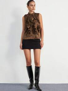 Aveloria Modichic 缎面面料，层叠荷叶边装饰，时尚无袖女式上衣 - 咖啡棕 - 查看 5