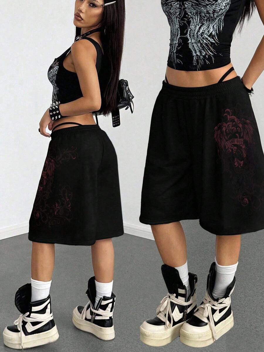 StreetHx 女士宽松灰色朋克印花七分裤 - 黑色 - 查看 1