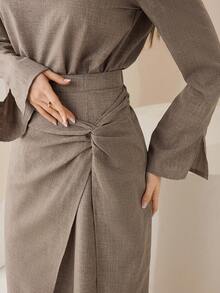 Veilorie Women's Solid Color V-Neck Long Sleeve Shirt And Waist Twist Midi Skirt Elegant 2-Piece Set - Mocha Brown - View 3