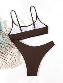 SHEIN Swim 纯色比基尼套装，适合海滩度假 - 咖啡棕 - 查看 3