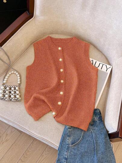 Franclia Women's Elegant Minimalist French Fashion Lady Versatile Elegant Sweater Vest Knit Tops Sweater Vest For Women Orange Cardigan